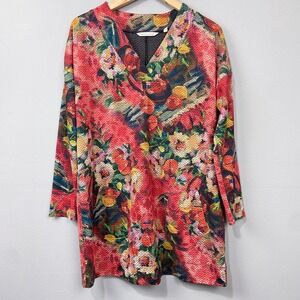 Soft Surroundings Floral Print Knit Tunic Top‎ Pockets Sz L Pointelle Artsy Boho